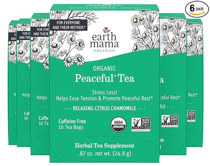 Earth Mama Organic Peaceful™ Tea | Stress Less! Calming, Relaxing Herbal Blend Safe for Pregnancy & Beyond, 16 Teabags Per Box (6-Pack)