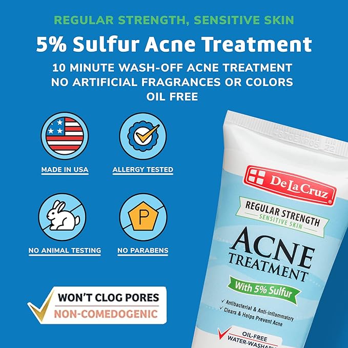 De La Cruz 5% Sulfur Ointment - Cystic Acne Treatment for Face and Body - Daily 10 Min Spot Treatment Mask - Safe and Effective Game Changing Hormonal Acne Treatment that Clears Up Pimples 2.6oz Tube