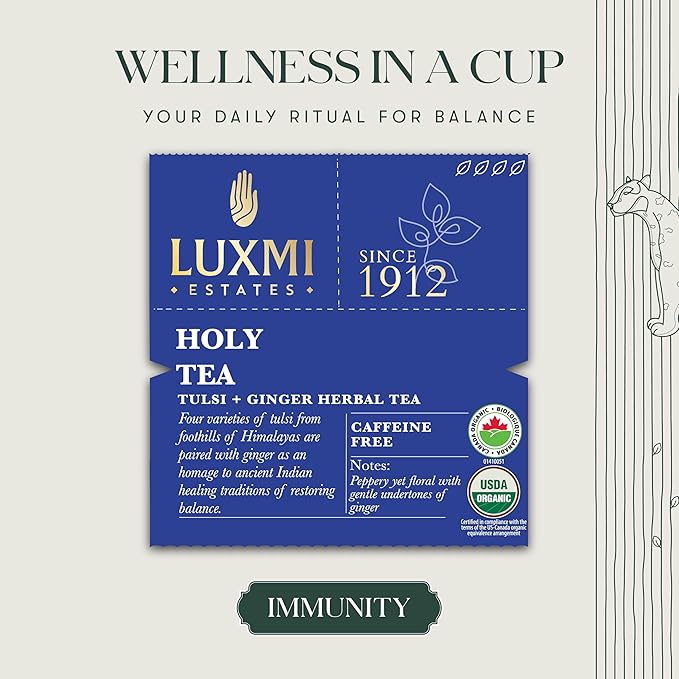 Luxmi Estates - Holy Basil - Organic Tulsi Tea - 50 Tea Bags | With Tulsi and Ginger | Provides Immune Support, Stress Relief and Uplifts Mood
