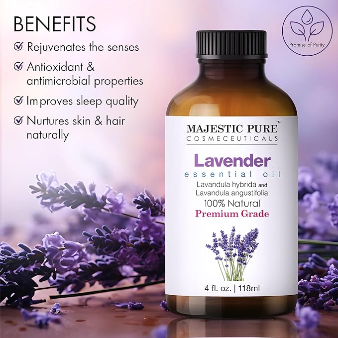 Majestic Pure Lavender Essential Oil | 100% Natural | Premium Grade Essential Oils for Hair Care, Home Diffusers, Skin, Aromatherapy, Massage and Humidifiers | 4 Fl Oz (Pack of 2)