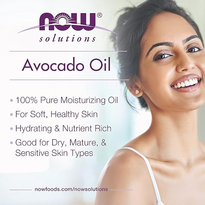 NOW Foods Solutions, Avocado Oil, 100% Pure Moisturizing Oil, Nutrient Rich and Hydrating, 16-Ounce