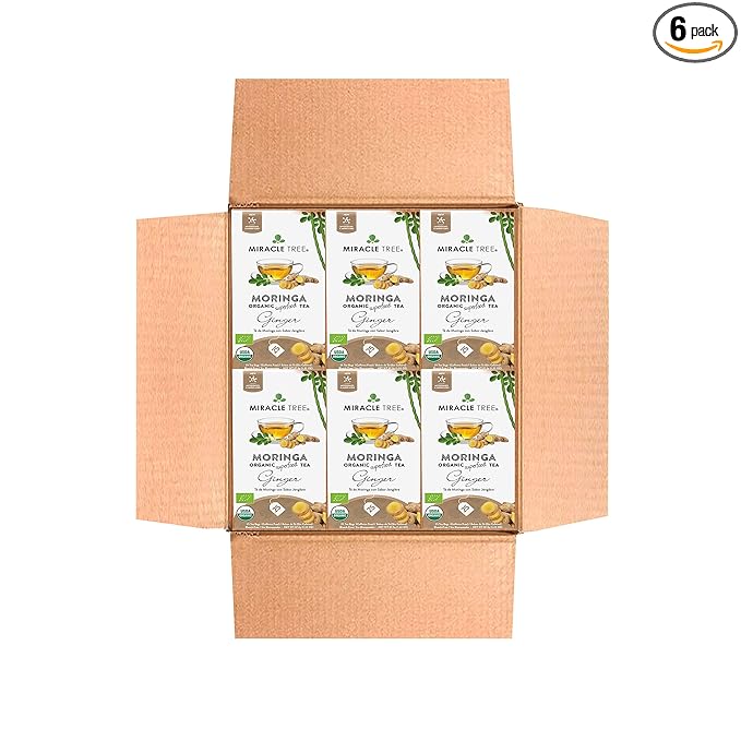 Miracle Tree - 6 Count of Organic Moringa Superfood Tea, 25 Individually Sealed Tea Bags, Ginger (Keto, Detox, Energy/Immunity Booster, Vegan, Gluten-Free, Organic, Non-GMO, Caffeine-Free)