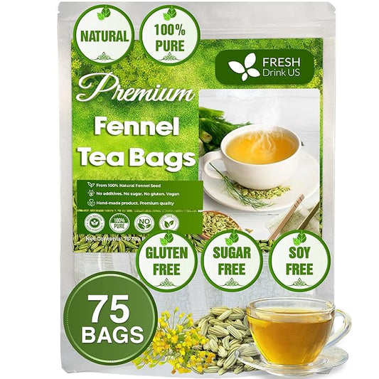FreshDrinkUS, Premium 75 Fennel Tea Bags, 100% Natural & Pure from Fennel Seeds. Fennel Seed Herbal Tea. Fennel Seed Tea. Made with Natural Material Tea Bags. No Sugar, No Caffeine, No Gluten, Vegan.
