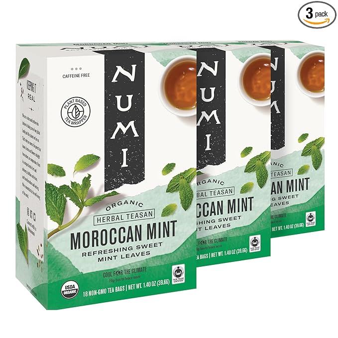 Numi Organic Moroccan Mint Tea, 18 Tea Bags (Pack of 3), Refreshing Nana Mint, Caffeine Free Herbal Tea (Packaging May Vary)