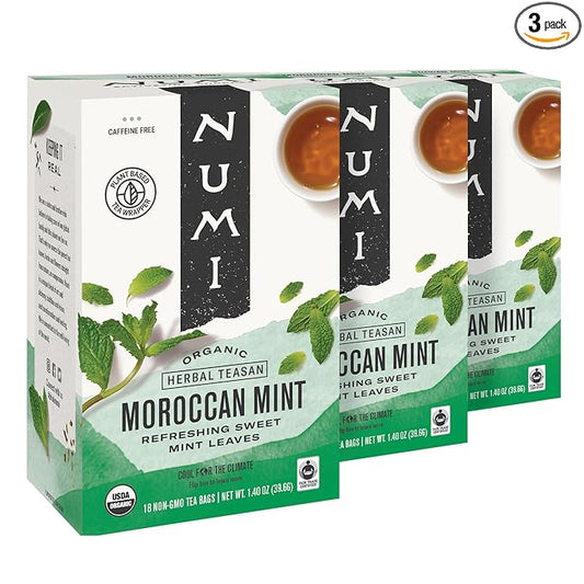 Numi Organic Moroccan Mint Tea, 18 Tea Bags (Pack of 3), Refreshing Nana Mint, Caffeine Free Herbal Tea (Packaging May Vary)