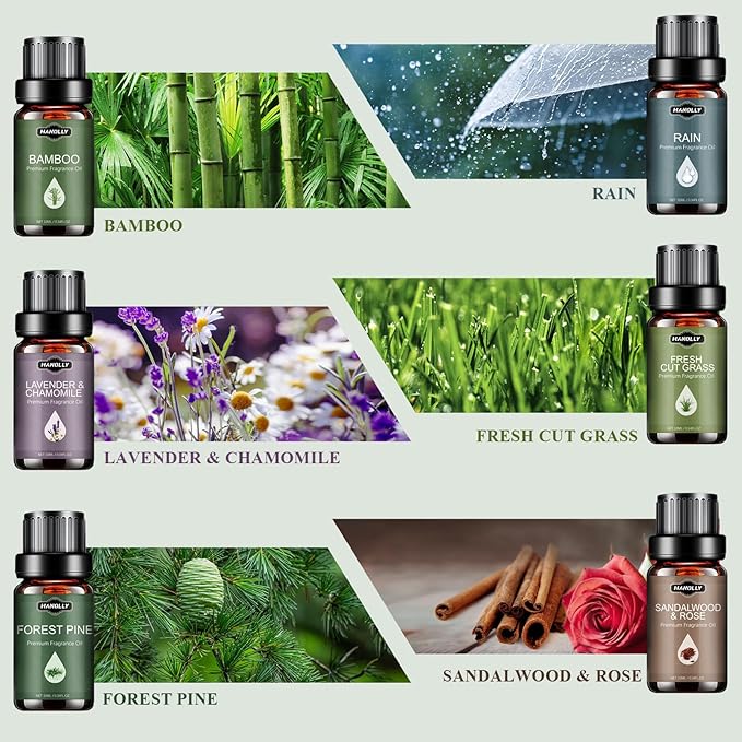 Essential Oils Set, Nature Scents Fragrance Oil Aromatherapy Essential Oils Kit for Diffuser (6x10ML) Sandalwood &Rose, Bamboo, Rain, Lavender &Chamomile, Fresh Cut Grass, Forest Pine Oil