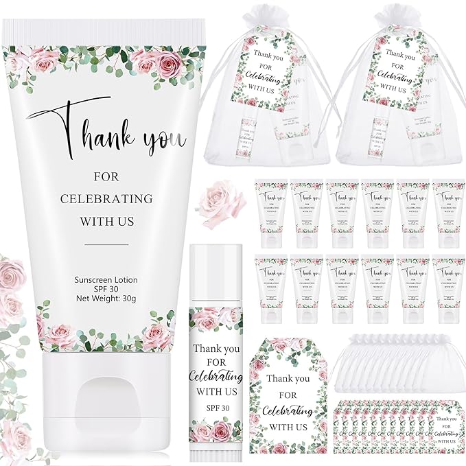12 Sets Thank You Gifts Mini Sunscreen and Sunscreen Lip Balms Travel Size Thank You Gifts for Weddings Baby Shower Favors Supplies(Wedding)