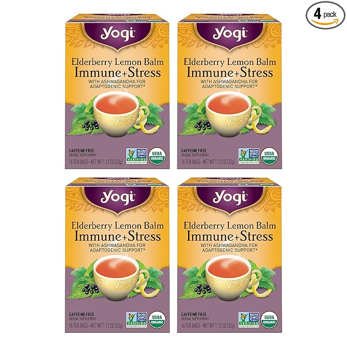 Yogi Tea Elderberry Lemon Stress & Immune Support Tea - 16 Tea Bags, 4 Packs - With Ashwagandha, Lemongrass, Licorice Root & More