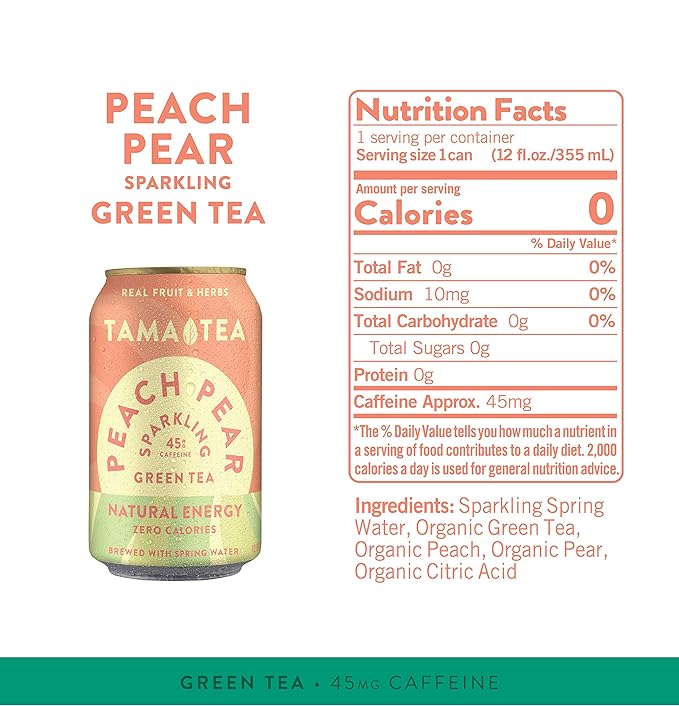 Sparkling Peach Pear Green Tea by Tama Tea - Made with Real Fruit & Herbs - Zero Sugar, Zero Calories, Non-GMO - Naturally Energizing Green Tea High in Antioxidants & Nootropics - 12 oz Pack of 12