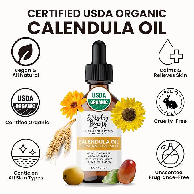 Organic Calendula Oil For Sensitive Skin - USDA Certified 100% Plant Based, Lightweight & Unscented Gentle Soothing Oil For Sensitive Skin - For Face, Skin & All Over - 2.02 Fl Oz Glass & Dropper
