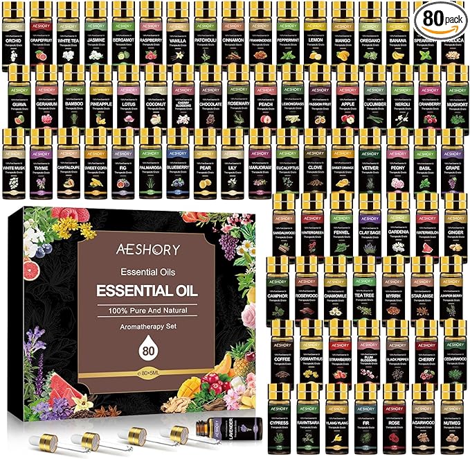 Essential Oil Set 80 Pcs-100% Natural Essential Oils Kit-Perfect for Diffuser, Humidifier, Aromatherapy, Massage,Soap, Candle Bath Bombs Making, 80 * 5ML(0.17oz)
