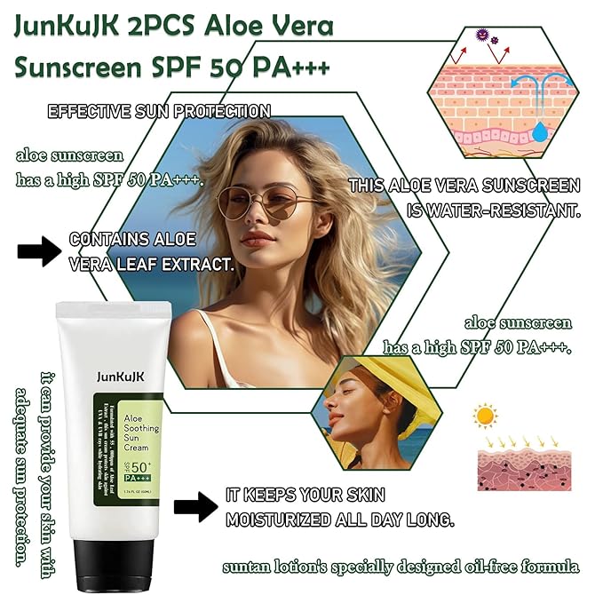 2PCS Aloe Vera Sunscreen SPF 50 PA+++,Moisturizing Long Lasting Non-Greasy Aloe Vera Sun Cream for Face & Body
