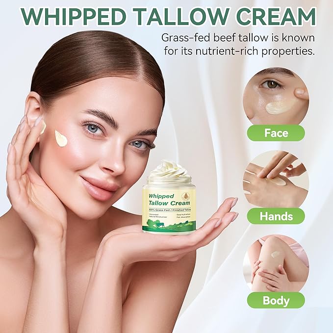 Beef Tallow for Skin, Organic Grass Fed Whipped Beef Tallow Moisturizer Nourishes and Hydrates the Skin, Natural Unscented Tallow Face Moisturizer Smooth Soft for Dry Skin, 4oz