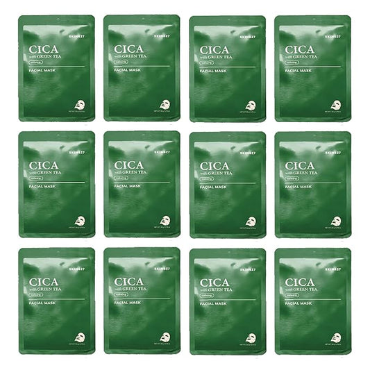 SKIN627 Bulk 12PK Face Masks Skincare, Korean Skincare, Facial Mask, Sheet Masks Korean (12PK Cica with Green Tea)