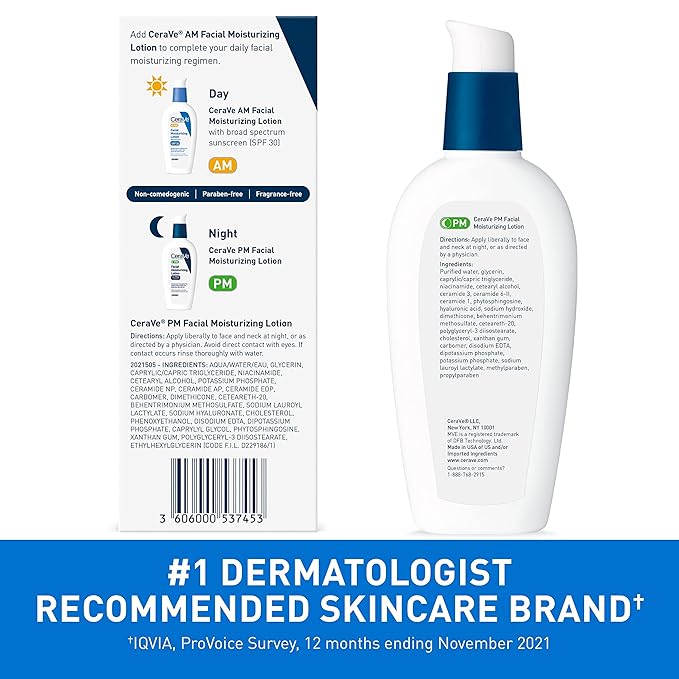 CeraVe PM Facial Moisturizing Lotion, Night Cream with Hyaluronic Acid and Niacinamide, Ultra-Lightweight, Oil-Free Moisturizer for Face, 3 Ounce