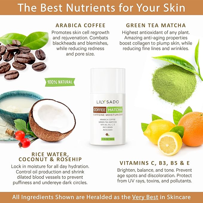 LILY SADO TEA+C™ Coffee & Matcha Face Moisturizer - Natural Vegan Caffeine Facial Cream w Green Tea & Arabica Coffee Beans - Best Antioxidant, Anti-Wrinkle Moisturizing Lotion - Softens & Firms