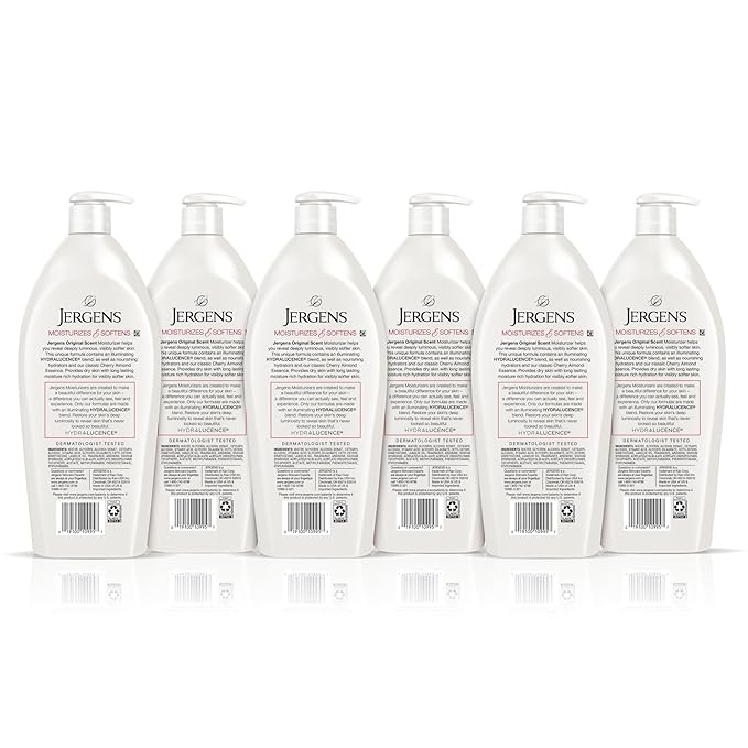 Jergens Original Scent Dry Skin Body Lotion, Hand and Body Moisturizer, Cherry Almond Essence, Dermatologist Tested, 32 Oz, Pack of 6