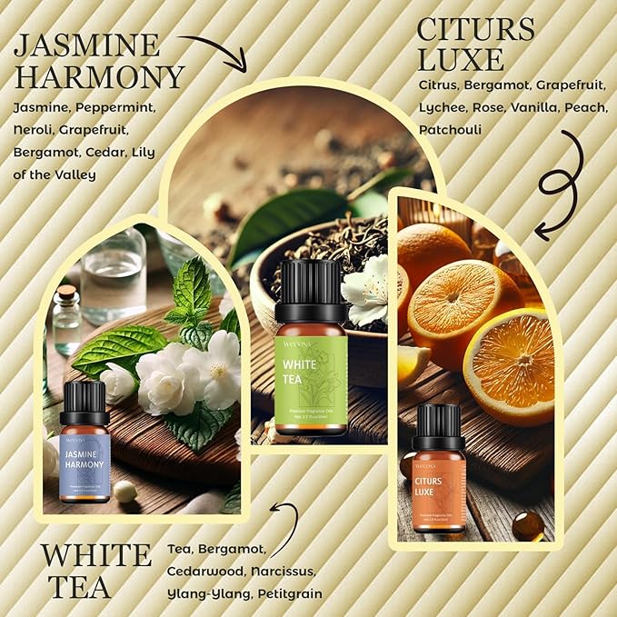 Premium Hotel Fragrance Oil Collection for Diffusers, Essential Oils for Diffusers for Home, Hotel Diffuser Fragrance Oils,Spa & Candle Making, White Tea, Citrus Luxe, Velvet Night and More - 6x10ml