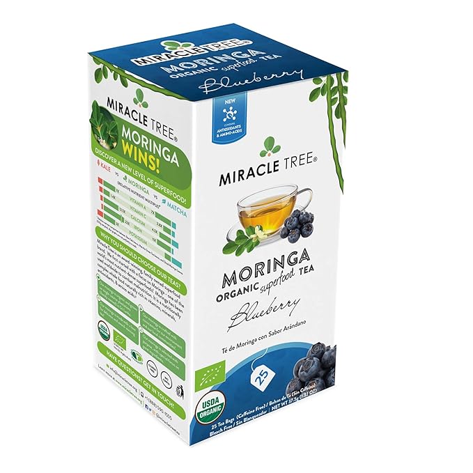 Miracle Tree - 6 Count of Organic Moringa Superfood Tea, 25 Individually Sealed Tea Bags, Blueberry (Keto, Detox, Energy/Immunity Booster, Vegan, Gluten-Free, Organic, Non-GMO, Caffeine-Free)
