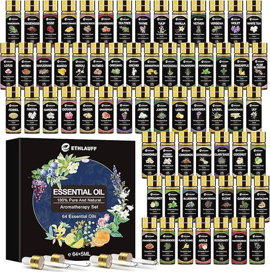 Essential Oil Set 64 Pack -Aromatherapy Essential Oils Kit-Fragrance Oils Perfect for Diffuser, Humidifier, Massage,Soap, Skin & Hair Care, Candle Scented Oil (0.17oz)