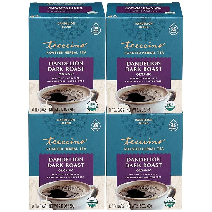 Teeccino Dandelion Tea – Dark Roast – Rich & Roasted Herbal Tea That’s Caffeine Free & Prebiotic with Detoxifying Dandelion Root, 10 Tea Bags (Pack of 4)