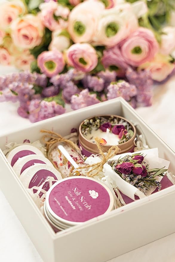 Rose & Jasmine Spa Gift Baskets for Women – Luxury Birthday Bath Gifts for Mom, Wife, Sister, Friend - Self-Care and Relaxation Mother’s Day Gifts - Gift Baskets for Her for All Occasions