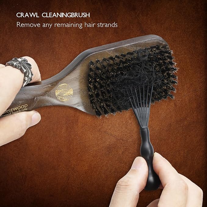 Boar Bristle Brush for Shine and Texture - Stiff Bristles for Medium Hair/Beards, Cleaning Brush Included