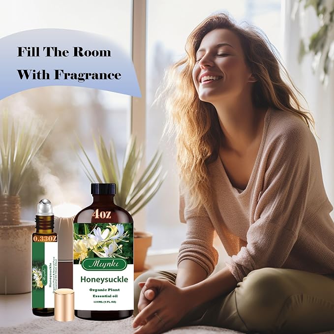 4 Fl Oz/120 ml Honeysuckle Essential Oil, Send Gift Roll-on (10 ml) - 100% Natural, Aromatherapy, Diffuser, Massage, Yoga, DIY Soap and Candle Making, Fragrance Oils, Spa Skin Care