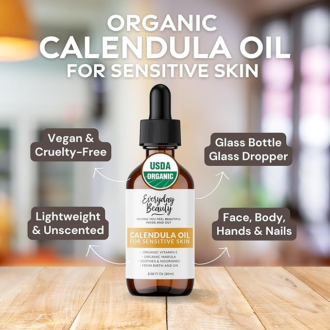 Organic Calendula Oil For Sensitive Skin - USDA Certified 100% Plant Based, Lightweight & Unscented Gentle Soothing Oil For Sensitive Skin - For Face, Skin & All Over - 2.02 Fl Oz Glass & Dropper