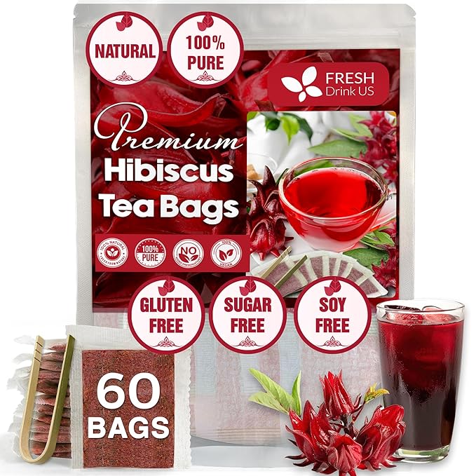 FreshDrinkUS Premium 60 Hibiscus Tea Bags, 100% Natural & Pure. Loose Flower Herbal Tea, No Sugar, Caffeine, Gluten. Vegan.
