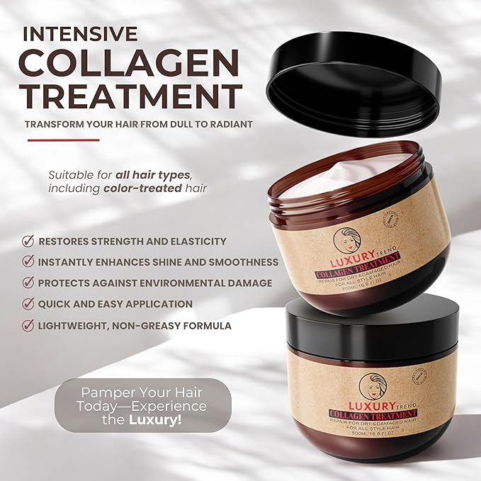 Collagen Hair Mask for Damaged Hair - Hydrating and Repairing Formula, Promotes Growth and Thickness - Ideal for Curly and Dry Hair, 16.9 oz