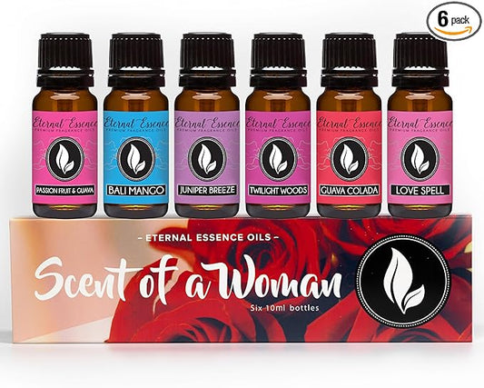 Eternal Essence Oils a Woman Set of 6 Premium Fragrance Oils - Includes Guava Colada, Twilight Woods, Bali Mango, Passion Fruit & Guava, Juniper Breeze, and Love Spell Scented Oils - 10ML