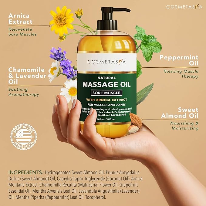 Cosmetasa Sore Muscle Massage Oil - 16.9 oz Soothes Muscle and Joint with Arnica Extract, Peppermint, Chamomile, and Lavender Oil (16.9 oz.)