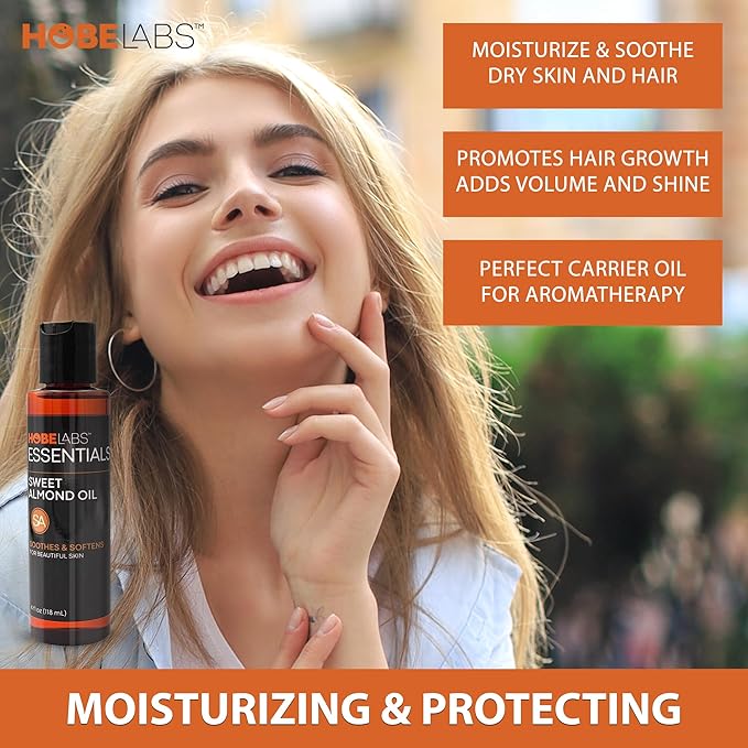 Hobe Labs Sweet Almond Oil, 4 oz - Skin Soothing Properties, Effective Emollient, Improves Skin Health, Fights Puffiness and Dark Circles, Non-Greasy Formula