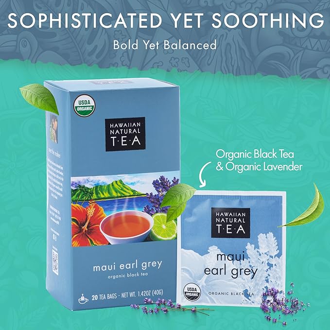 Hawaiian Natural Tea Organic Maui Lavender Earl Grey Tea Bags - Premium Black Tea - Antioxidant Rich - 60 Tea Bags