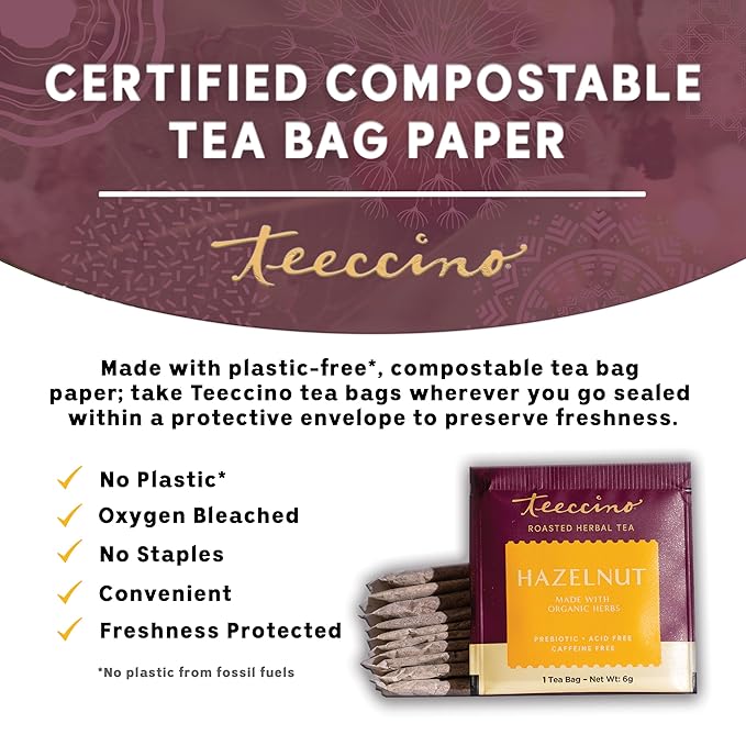 Teeccino Hazelnut Herbal Tea - 25 Tea Bags - Rich & Roasted Herbal Tea That’s Caffeine Free & Prebiotic for Natural Energy,