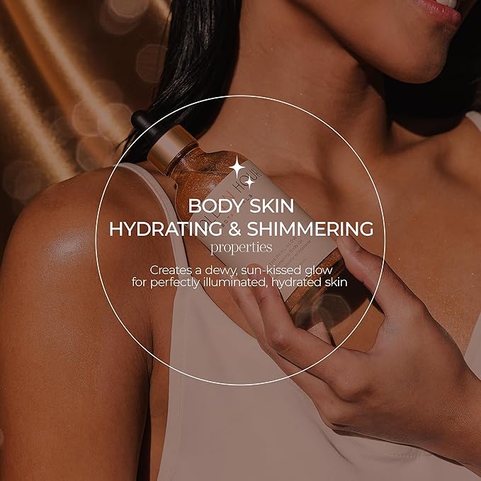 Organic Skincare Products Made in USA, Vegan, Cruelty Free, Moisturizing + Hydrating Shimmer Gold Glitter Body Oil, 4fl oz/118ml, Ethereal Glow