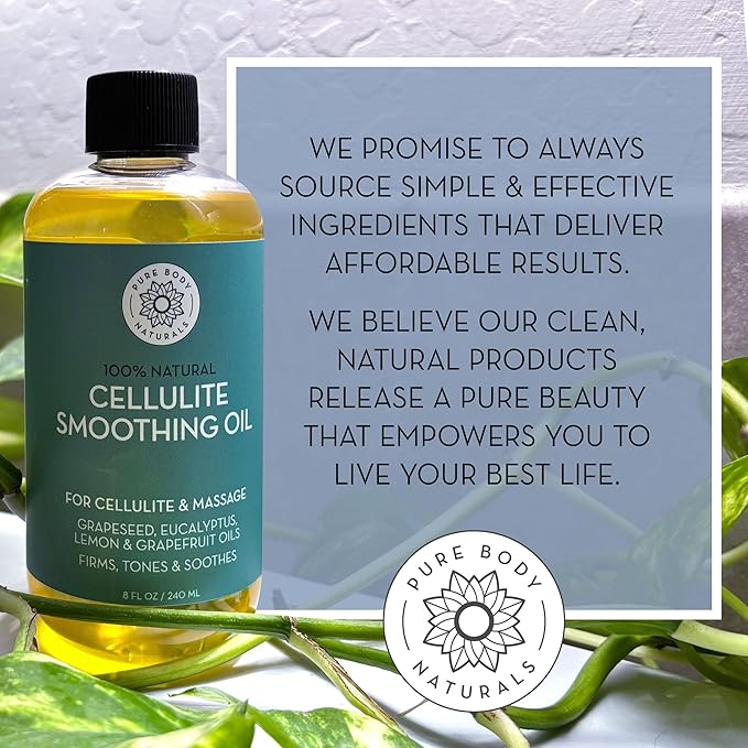Pure Body Naturals Anti Cellulite Massage Oil, 8 fl oz | 100% Natural Cellulite Remover Oil for Thighs and Butt Firming | Chemical Free Body Oil for Skin Tightening and to Reduce Stretch Marks