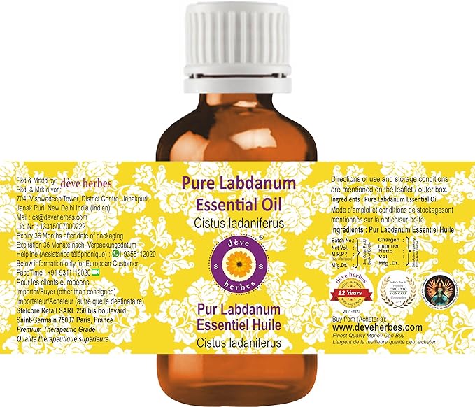 Deve Herbes Pure Labdanum Essential Oil (Cistus ladaniferus) Steam Distilled 10ml (0.33 oz)
