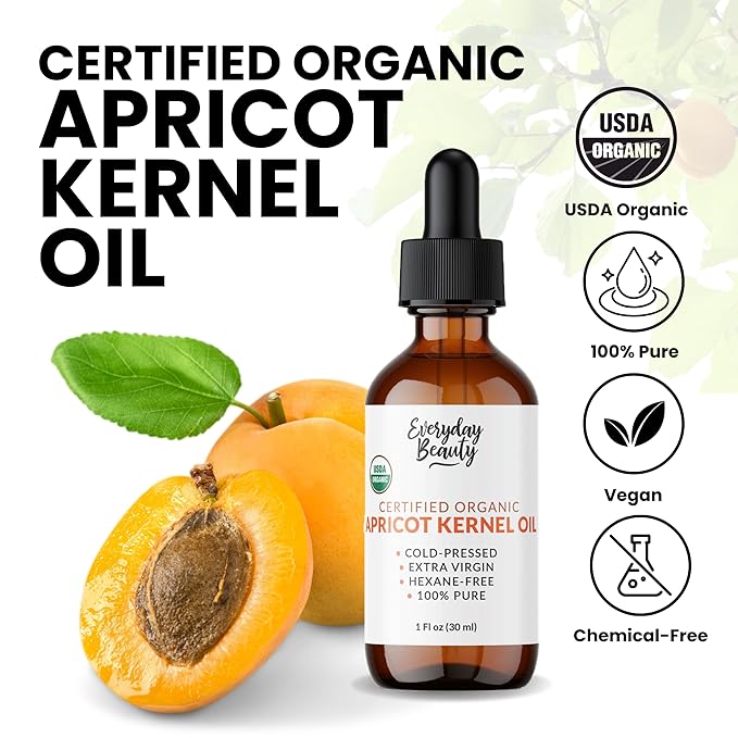 Organic Apricot Kernel Oil | 100% Pure, Cold-Pressed, Unrefined | USDA Certified Organic | Amber Glass Bottle with Glass Dropper | For Face, Skin & Hair - 1 Fl Oz