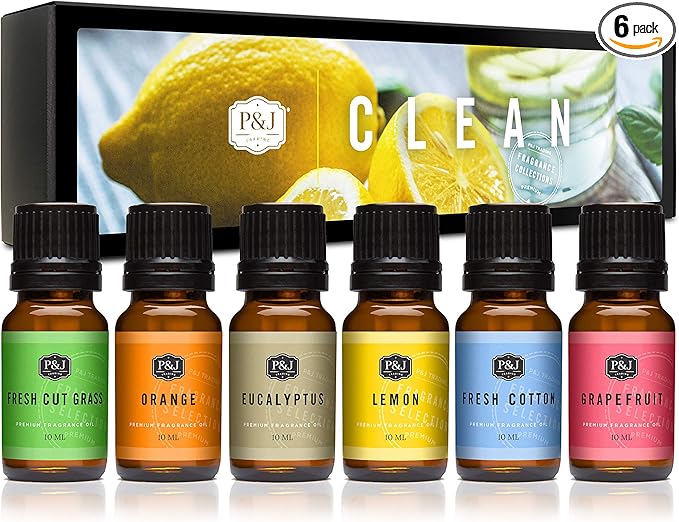 P&J Trading Fragrance Oil Clean Set | Fresh Cotton, Lemon, Orange, Grapefruit, Fresh Cut Grass, and Eucalyptus Candle Scents for Candle Making