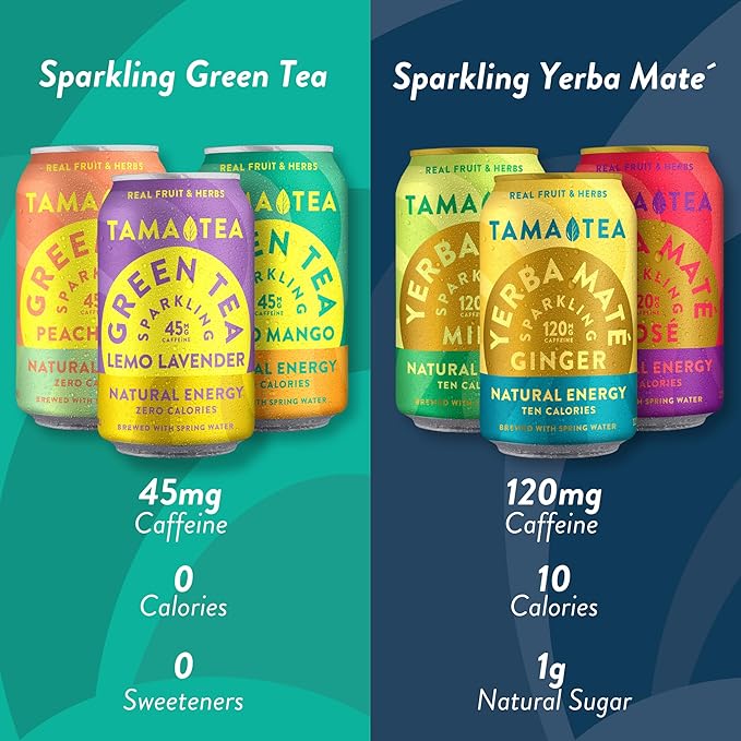 Sparkling Green Tea Variety Pack by Tama Tea - Made with Real Fruit & Herbs - Zero Sugar, Zero Calories, Non-GMO - Naturally Energizing Green Tea High in Antioxidants & Nootropics - Pack of 12