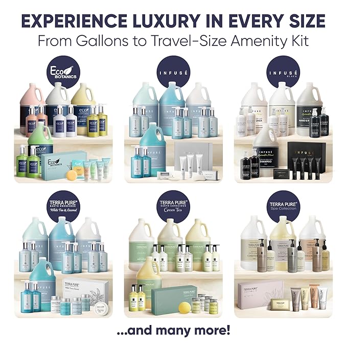 Infuse Black Amenity & Accessory Kit | 1 oz Travel Size Shampoo, Conditioner, Lotion, Body Wash, Body Bar, 2 Cleansing Bar, Shave & Dental Sets, Make-Up Remover Wipes, & Vanity Kit | 60 sets per case