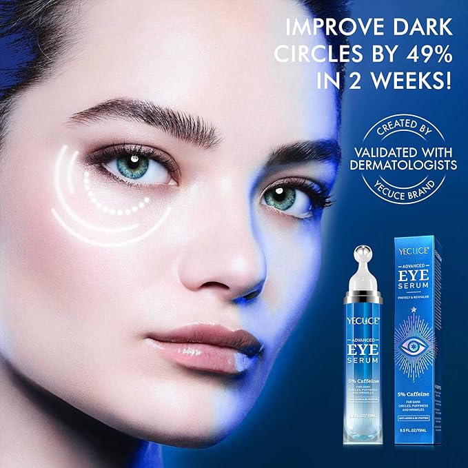 5% Caffeine Eye Serum, Under Eye Roller Cream for Dark Circles, Puffiness, Bags Under Eyes - 360° Massage Ball Cream for Wrinkles, Christmas Gifts for Women (0.5 fl. oz.)