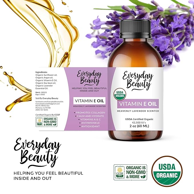 Organic Vitamin E Oil - Heavenly Lavender Scented USDA Certified 100% All Natural Plant Based 2oz - Lightweight and Great for Scars After Surgery - Reduce Wrinkles, Anti Aging, Lighten Dark Spots
