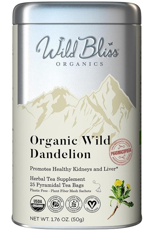 Wild Bliss Organic Wild Raw Dandelion Root Tea - Pharmacopoeia Quality Caffeine Free Herbal Detox Support - 25 Plant Based Tea Bags