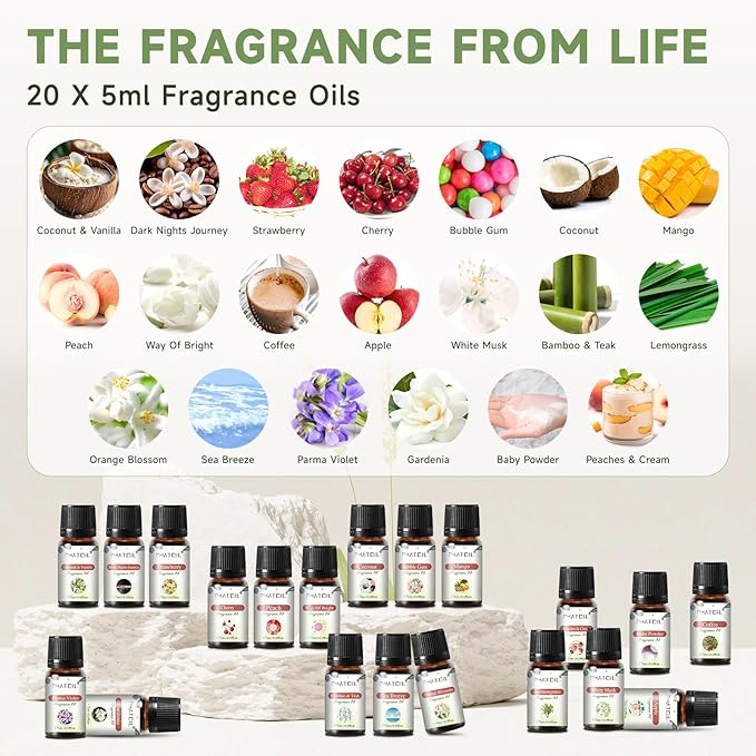 Coconut 20 Pcs Fragrance Oil Set, Premium Fragrance Oil, for Humidifier, DIY Candle & Soap Making Scent, Aromatherapy Diffuser Oils Set (5ML)