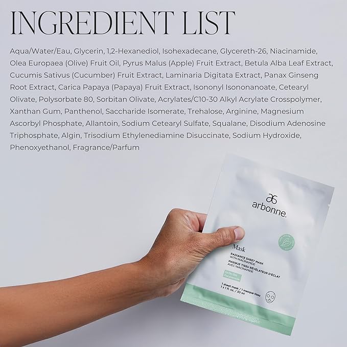 Arbonne Radiance Face Sheet Mask - Sheet Face Mask with Niacinamide for Dry and Dull Skin, Enhance Brightness, Tone, Smooth and Hydrate Skin - 10 Pack