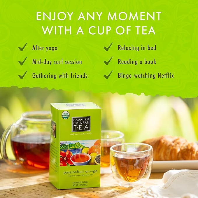 Hawaiian Natural Tea Passion Fruit Orange Flavored Organic Tea - Tropical Fruit Green Tea Blend with Black Tea - Perfect Daily Cup & Gift for Tea Lovers - 120 Tea Bags