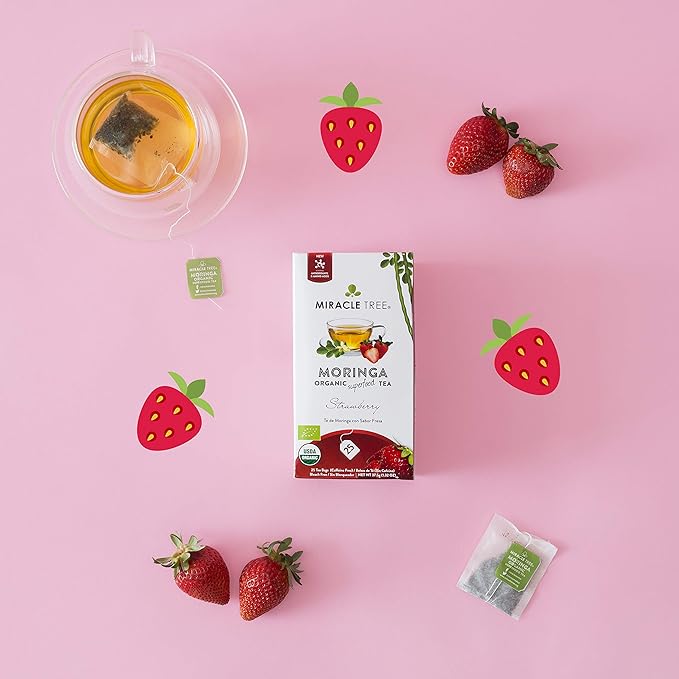 Miracle Tree - Organic Moringa Superfood Tea, 25 Individually Sealed Tea Bags, Strawberry (Keto, Detox, Energy & Immunity Booster, Vegan, Gluten-Free, Organic, Non-GMO, Caffeine-Free)